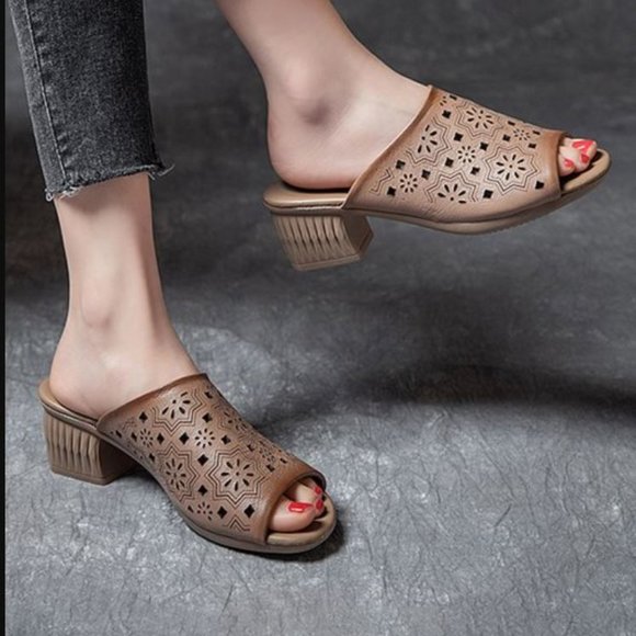 Rumour Has It | Caramel Geometric Openwork Leather Slide - Picture 1 of 5